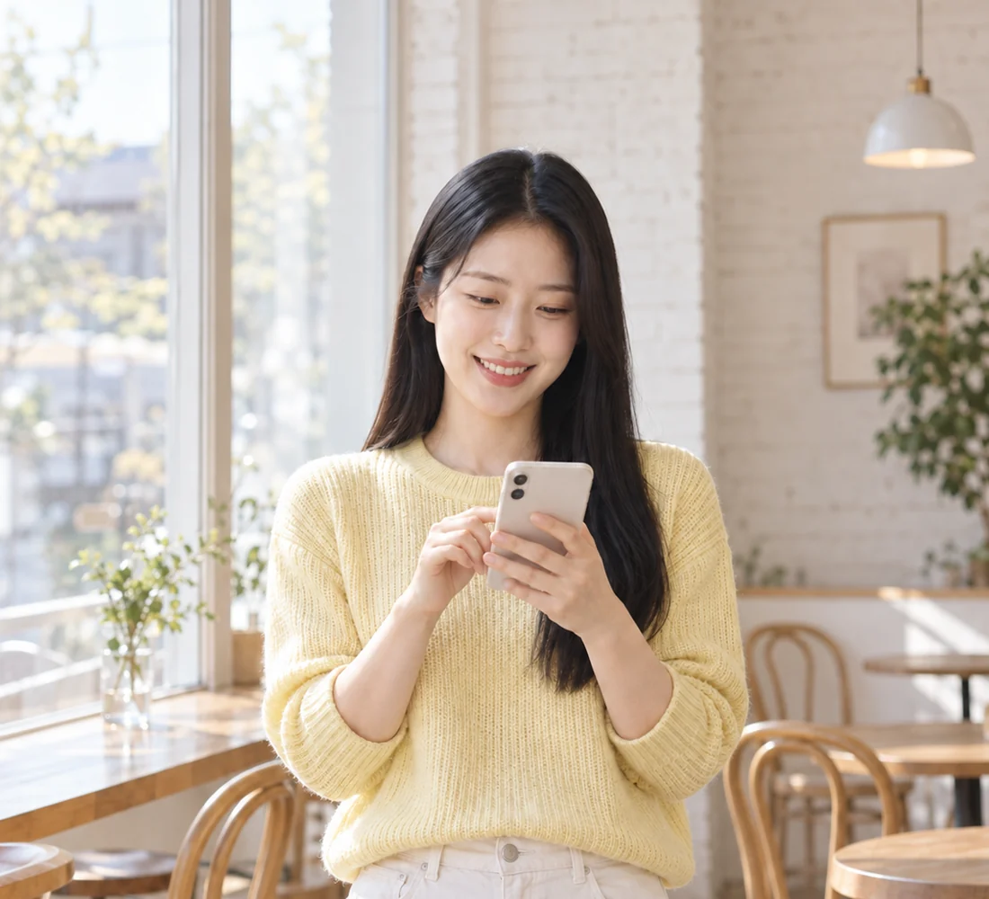 휴대전화로 편하게 상담하는 밝은 모습의 고객